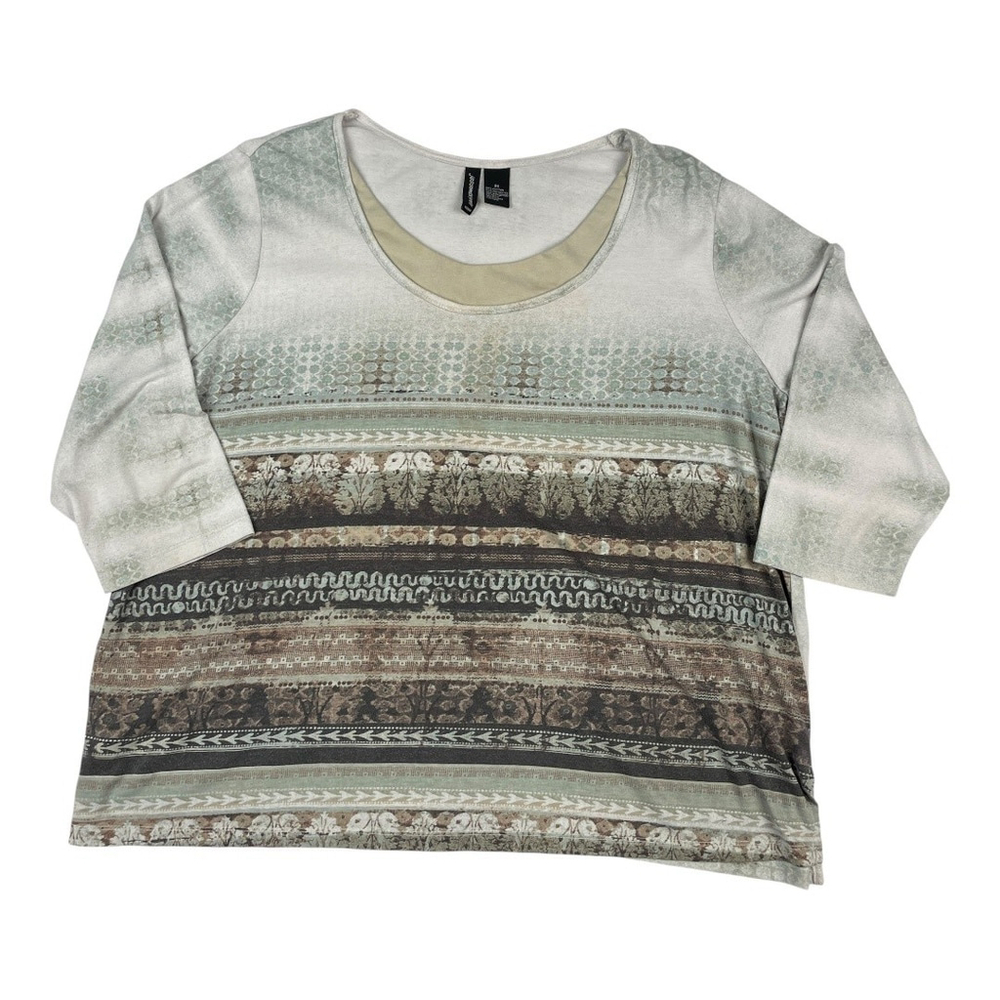 Jason Maxwell Shirt Womens 2X Green Brown Boho Print 3/4 Sleeve Cotton Blend Top